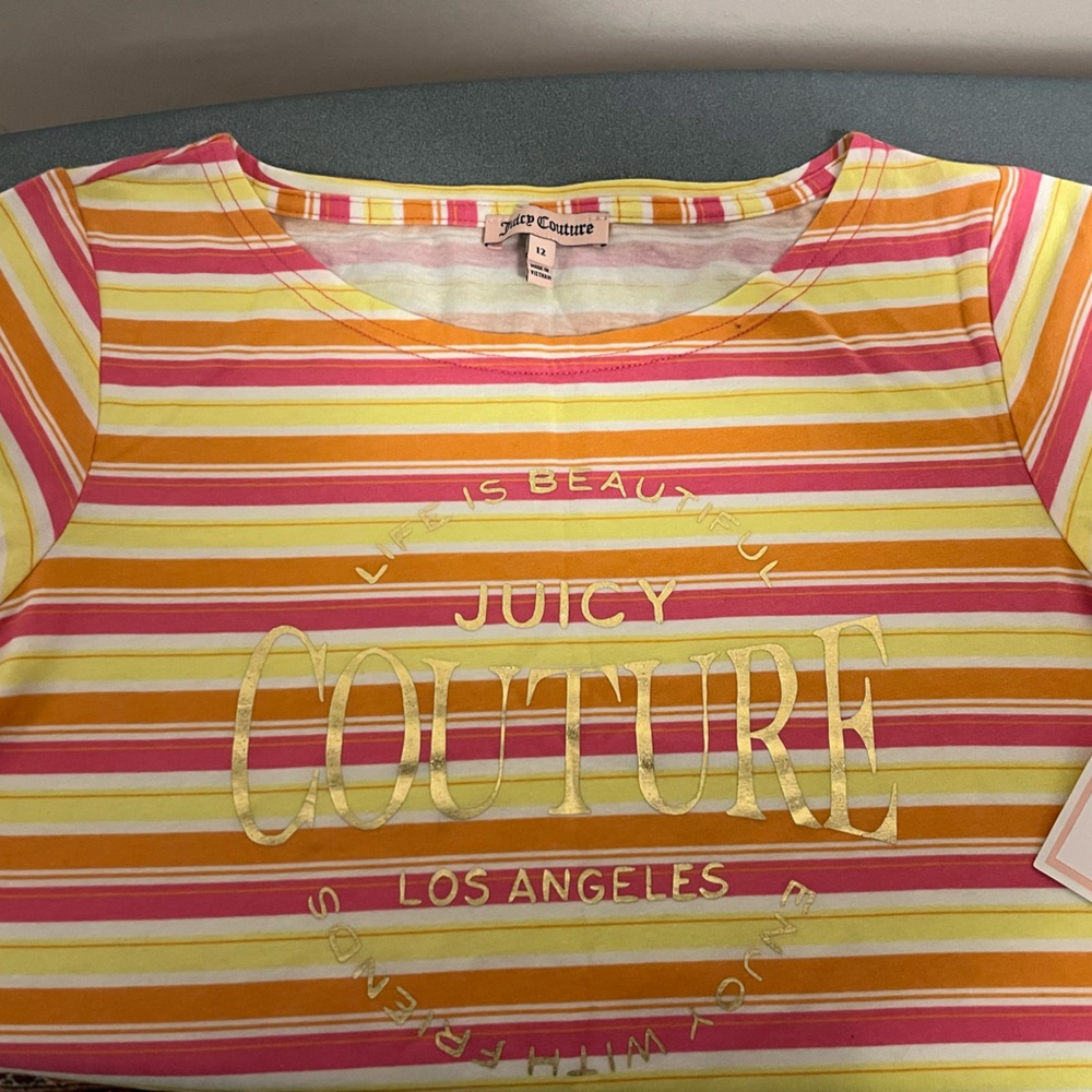 Juicy Couture Pink and Orange Yellow Striped Tee Shirt Dress Size 12 - Picture 2 of 12